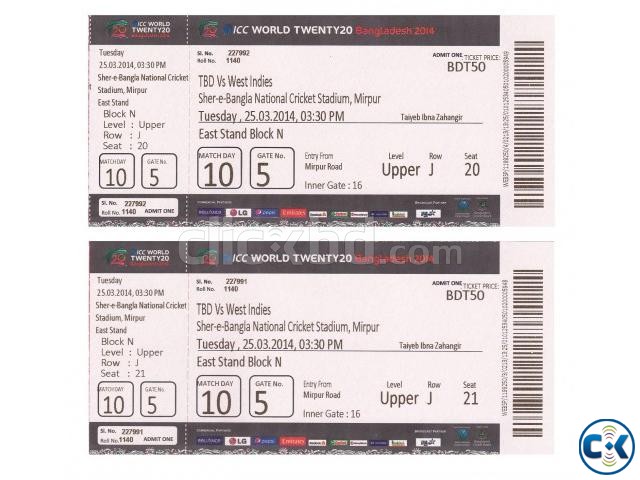 T20 WC Bangladesh Vs West Indies 2 tickets  large image 0