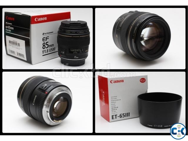 Brand New Intact 85mm F 1.8 Canon Lens with Hood and HOYA p large image 0