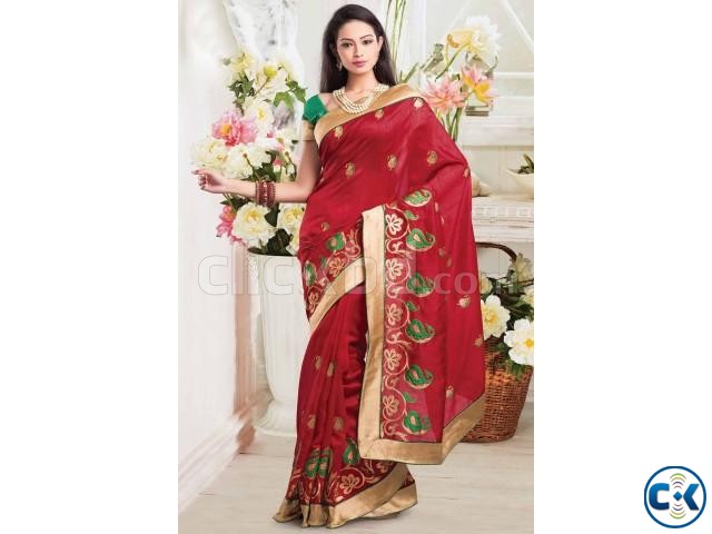 Red tussar silk weaved saree in gold saree border large image 0