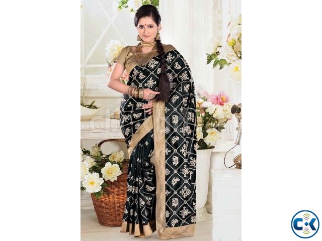 Black tussar silk weaved saree in golden saree border large image 0