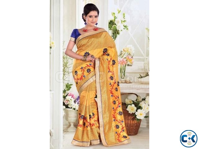 Yellow tussar silkl weaved saree in golden saree border large image 0