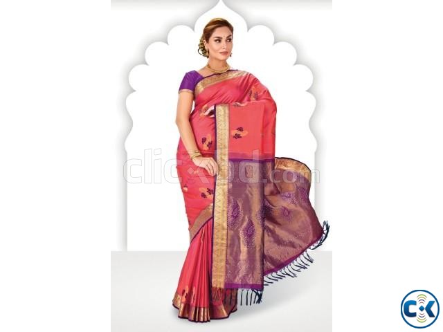Peach zari weaved pure silk saree in purple pallu large image 0