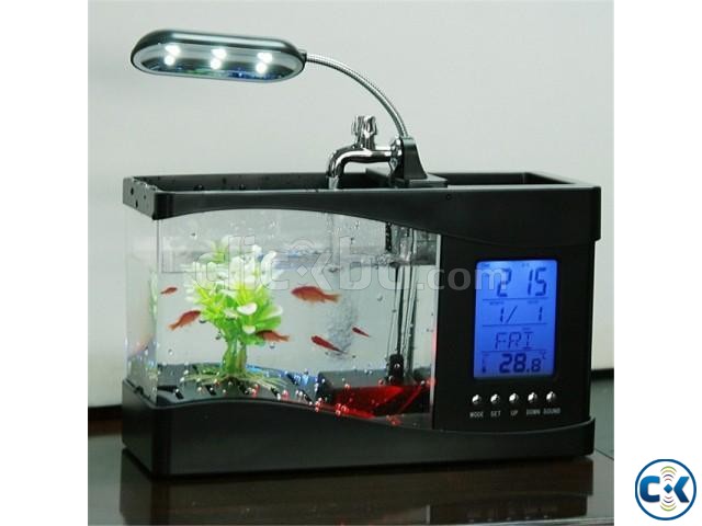 4-in-1 Aquarium Running Water Tap Clock Pen holder large image 0