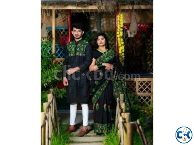 Block Printed Dhupian Silk Panjabi Saree Couple Set large image 0