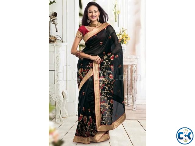 Black tussar silk weaved saree in golden saree border large image 0