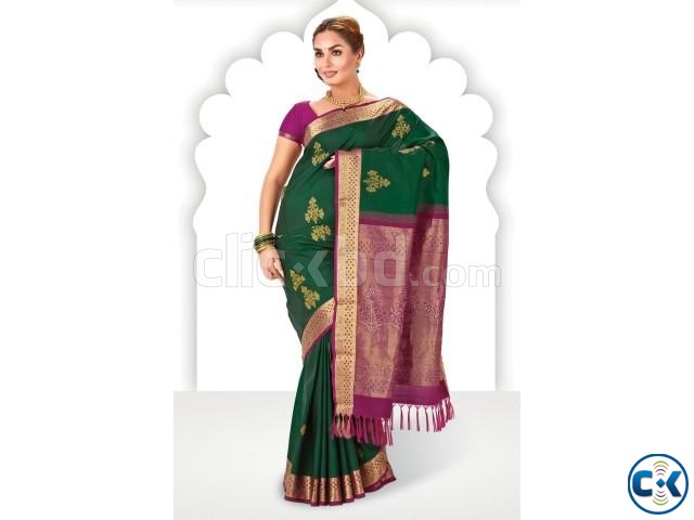 Dark green zari weaved pure silk saree in purple pallu large image 0