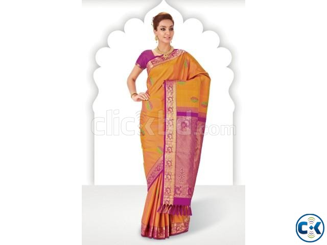 Orange zari weaved pure silk saree in pink pallu large image 0