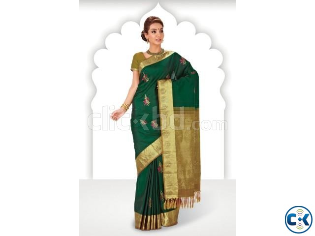 Dark green zari weaved pure silk saree in golden boder large image 0