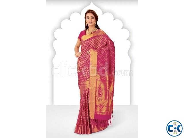 Rani pink zari weaved pure silk saree in golden border large image 0
