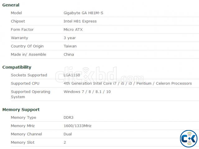 Gigabyte Genuine H81M-S 4th Gen Intel Motherboard large image 2