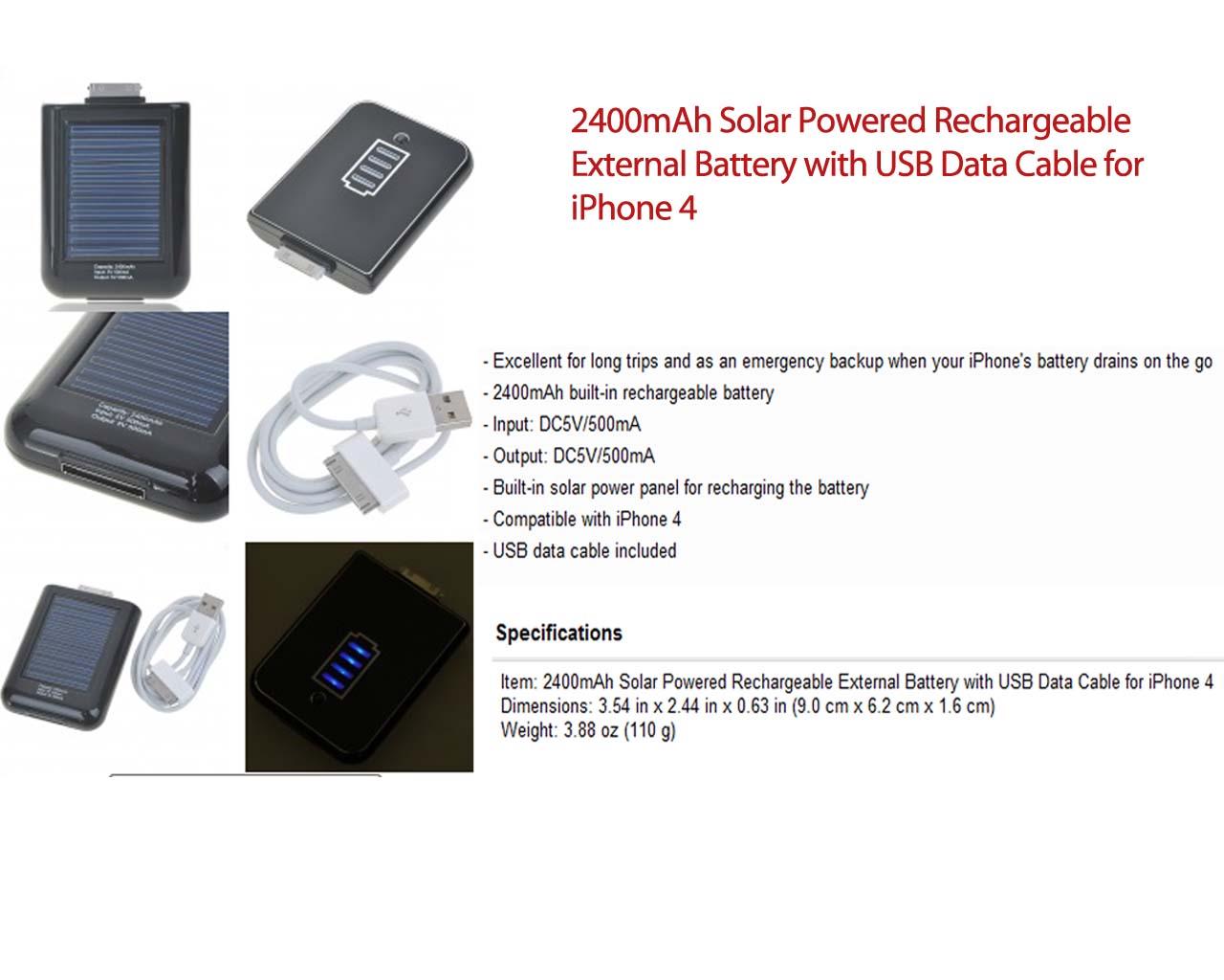 2400mAh Solar Powered Rechargeable Xternal Battery-Iphone 4 large image 0
