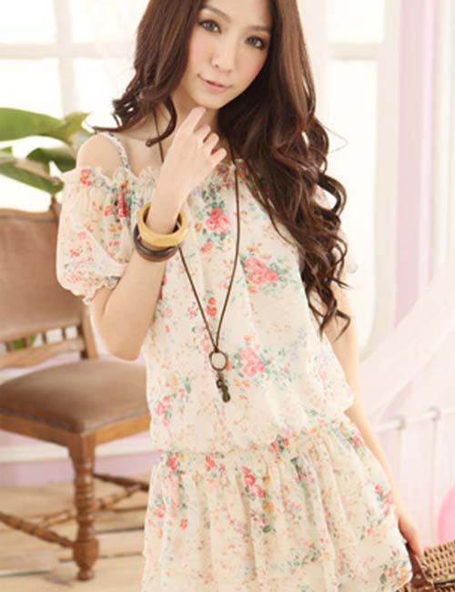 New Sweet Princess Floral Flat Shoulder Slim Chiffon Dress large image 0